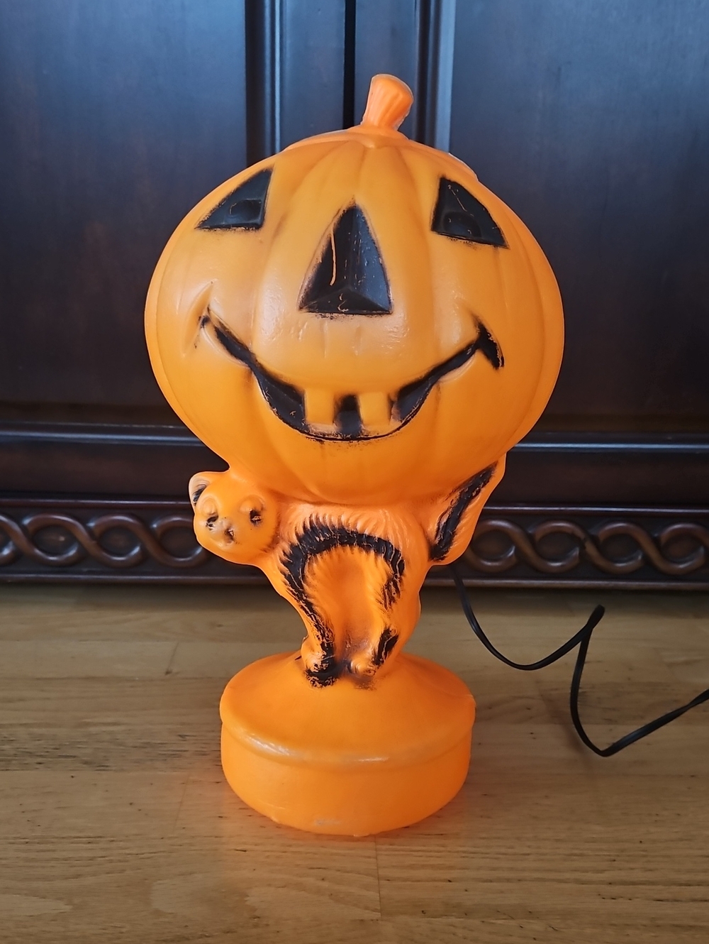 Vintage Halloween Blow mold black cat with orange pumpkin